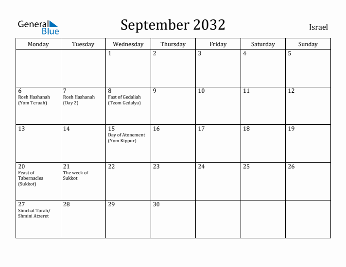 September 2032 Calendar Israel
