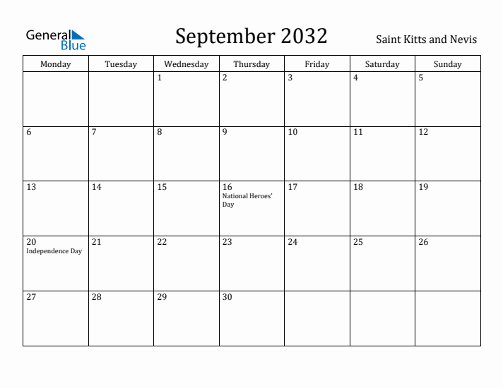 September 2032 Calendar Saint Kitts and Nevis