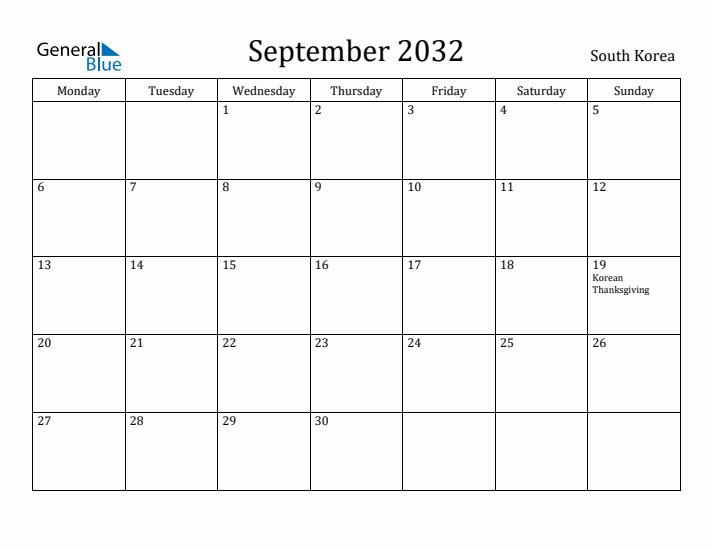September 2032 Calendar South Korea