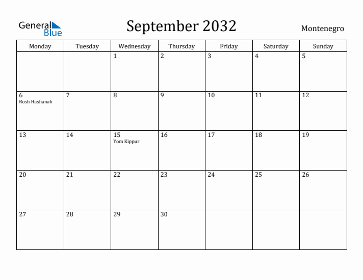September 2032 Calendar Montenegro
