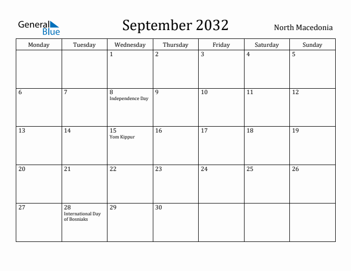 September 2032 Calendar North Macedonia