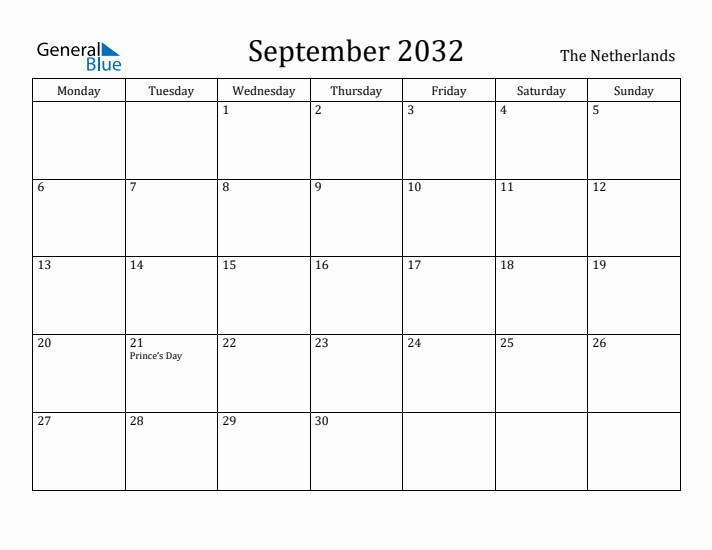 September 2032 Calendar The Netherlands