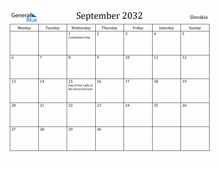 September 2032 Calendar Slovakia