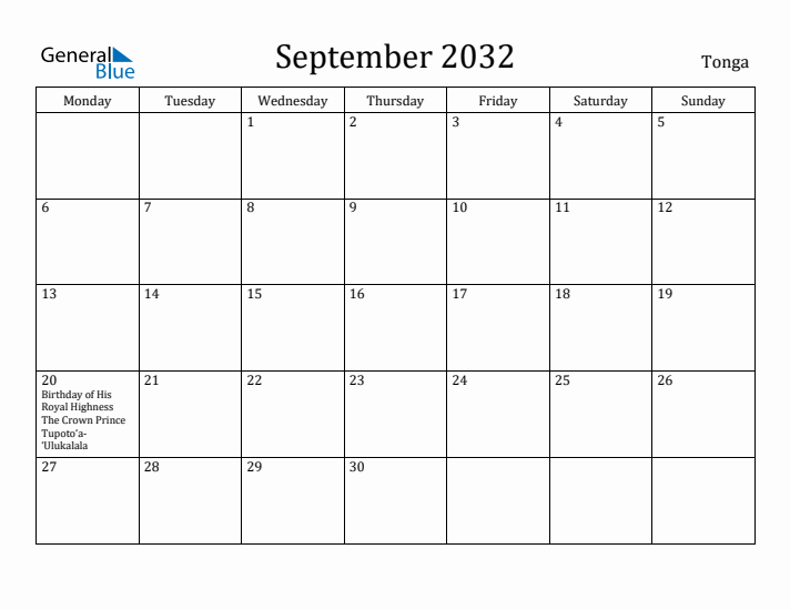 September 2032 Calendar Tonga