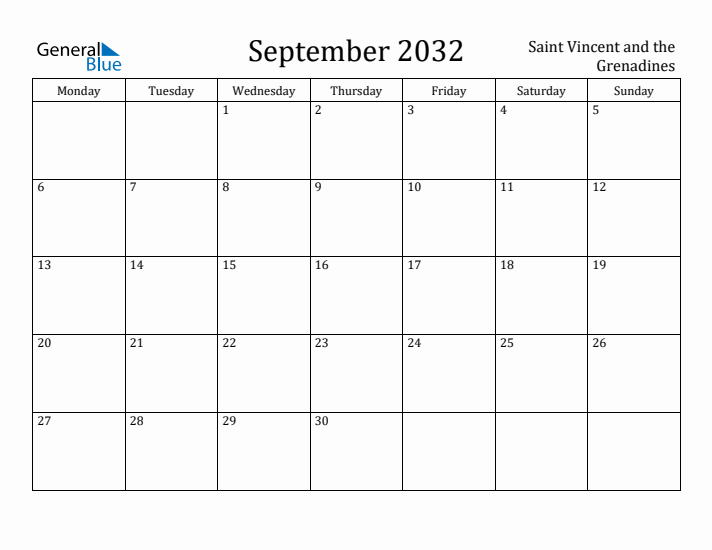 September 2032 Calendar Saint Vincent and the Grenadines