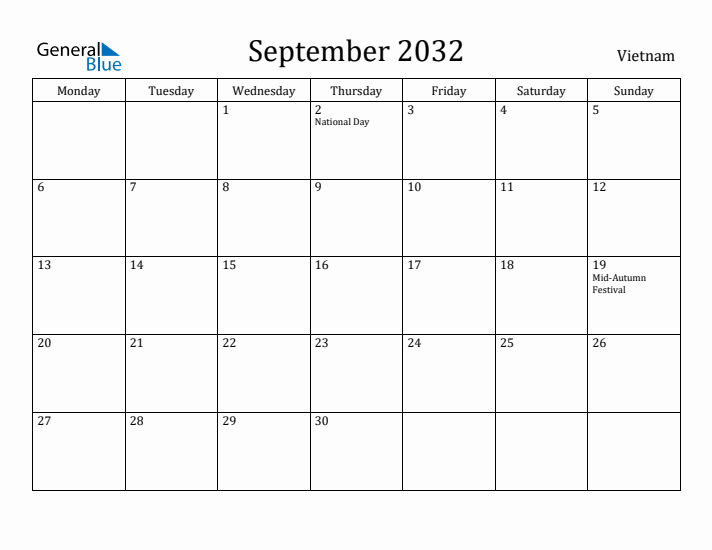 September 2032 Calendar Vietnam