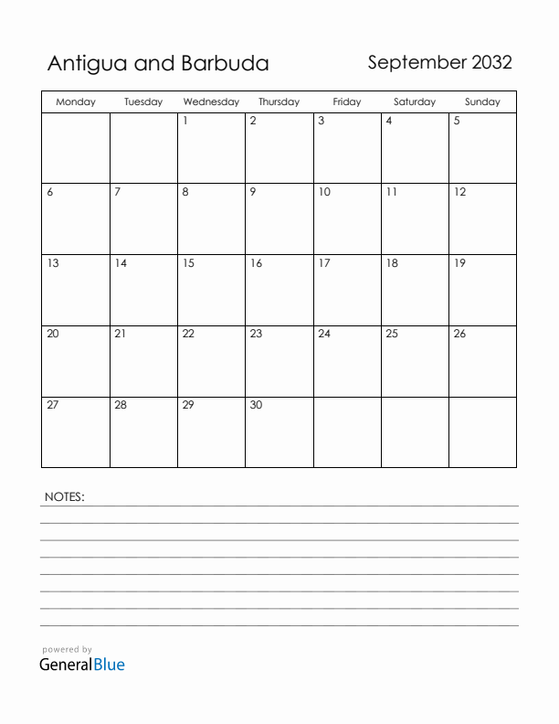 September 2032 Antigua and Barbuda Calendar with Holidays (Monday Start)