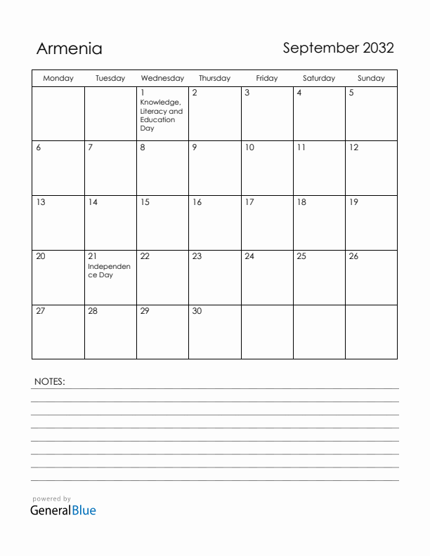 September 2032 Armenia Calendar with Holidays (Monday Start)