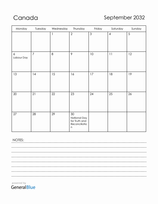 September 2032 Canada Calendar with Holidays (Monday Start)