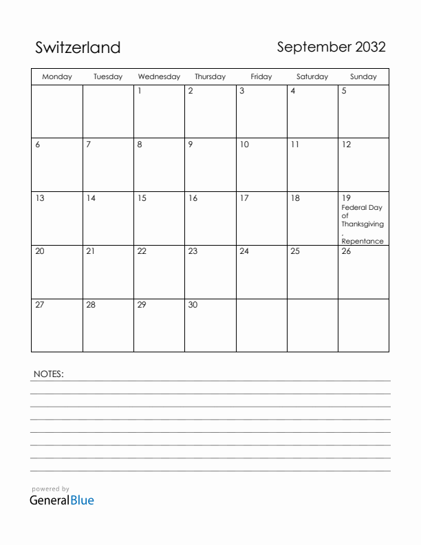 September 2032 Switzerland Calendar with Holidays (Monday Start)