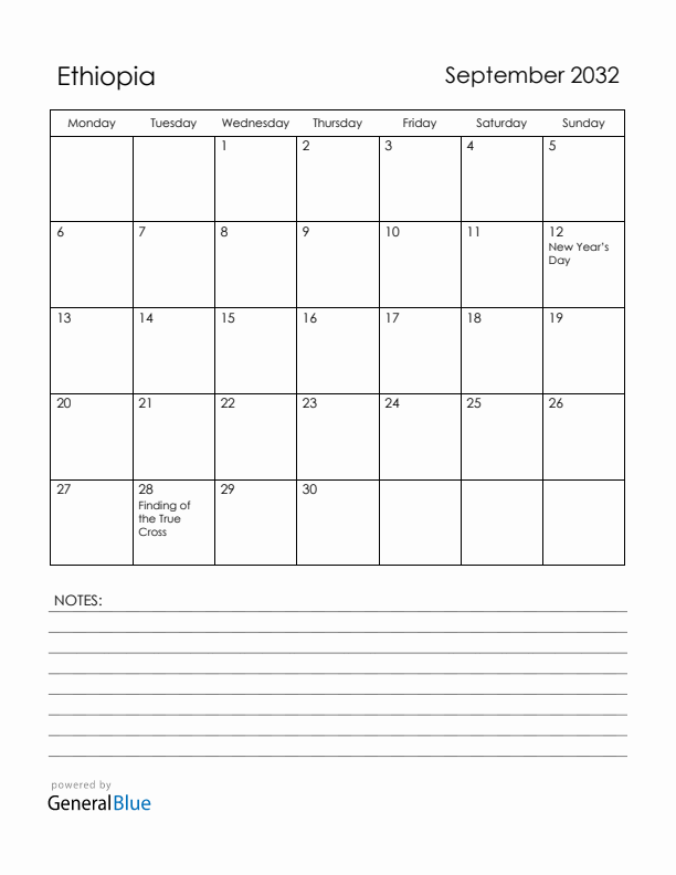 September 2032 Ethiopia Calendar with Holidays (Monday Start)