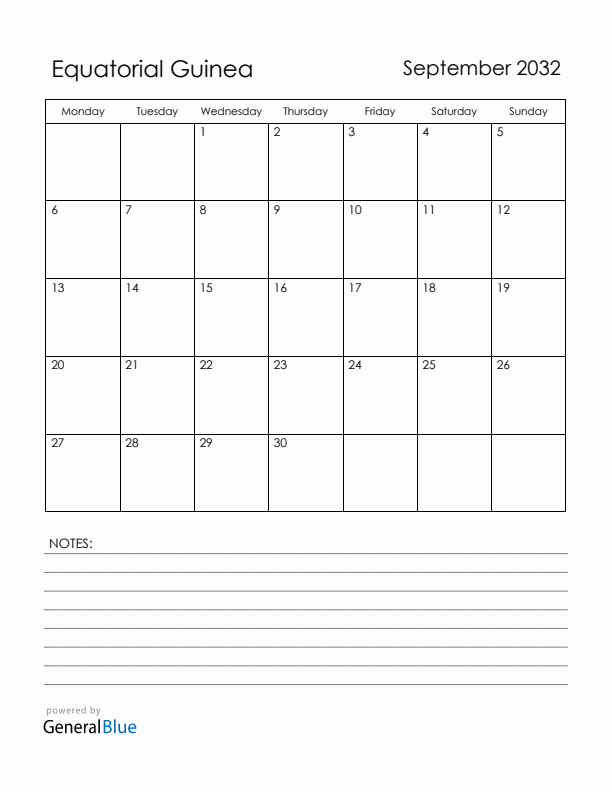 September 2032 Equatorial Guinea Calendar with Holidays (Monday Start)