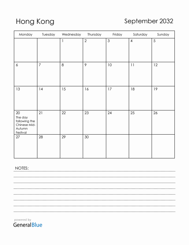 September 2032 Hong Kong Calendar with Holidays (Monday Start)