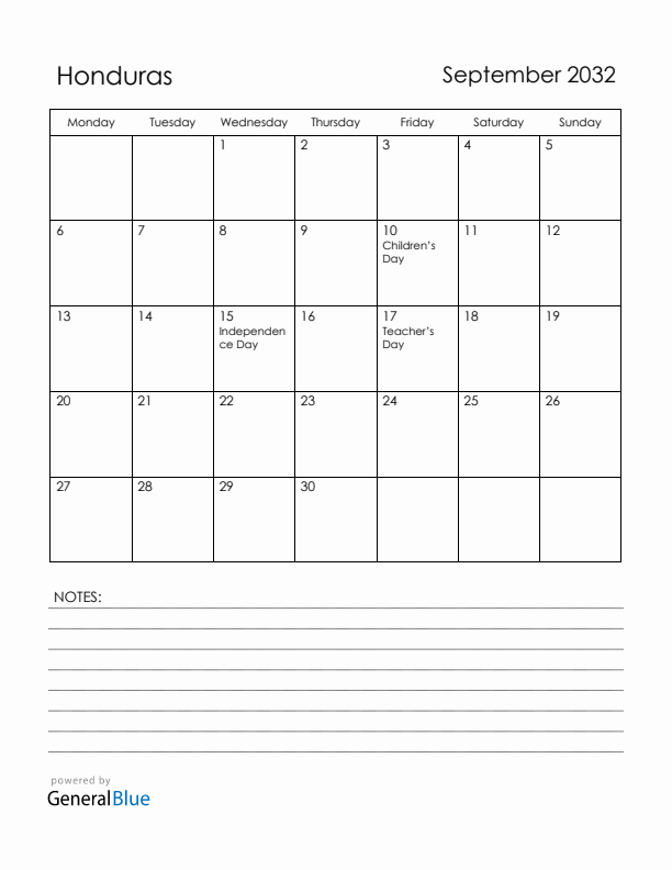 September 2032 Honduras Calendar with Holidays (Monday Start)