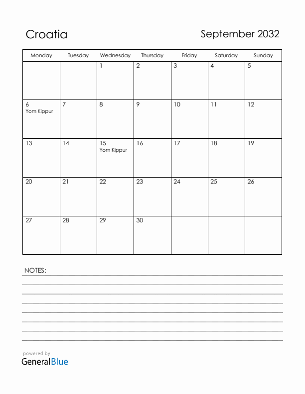 September 2032 Croatia Calendar with Holidays (Monday Start)