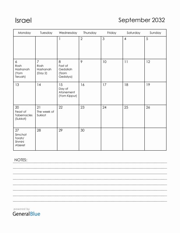 September 2032 Israel Calendar with Holidays (Monday Start)