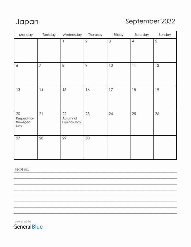 September 2032 Japan Calendar with Holidays (Monday Start)