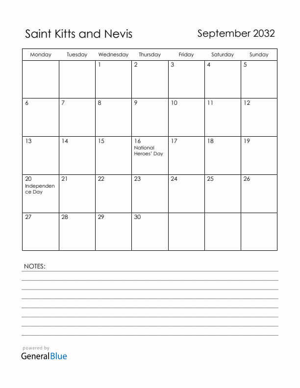 September 2032 Saint Kitts and Nevis Calendar with Holidays (Monday Start)