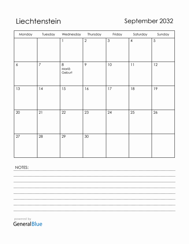September 2032 Liechtenstein Calendar with Holidays (Monday Start)