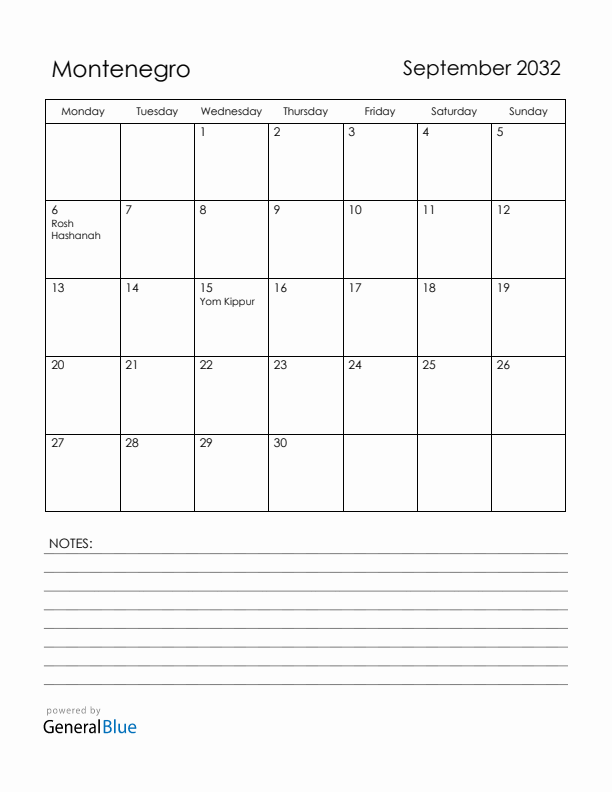 September 2032 Montenegro Calendar with Holidays (Monday Start)