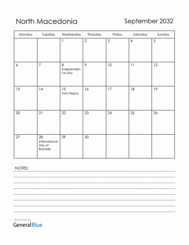 September 2032 North Macedonia Calendar with Holidays (Monday Start)