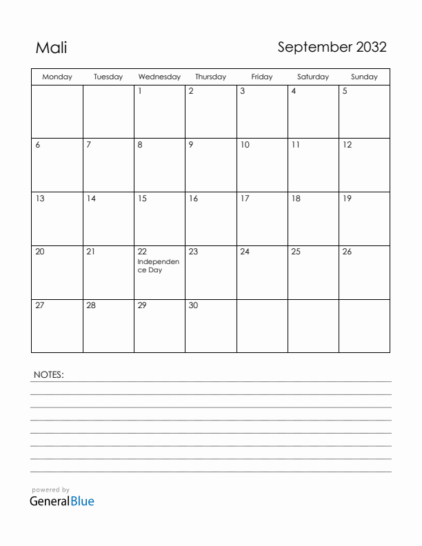 September 2032 Mali Calendar with Holidays (Monday Start)