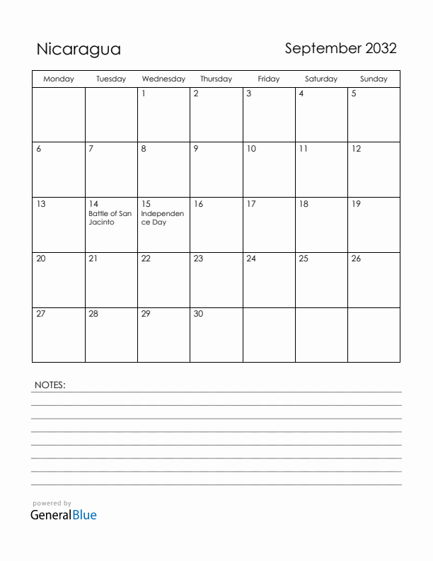 September 2032 Nicaragua Calendar with Holidays (Monday Start)