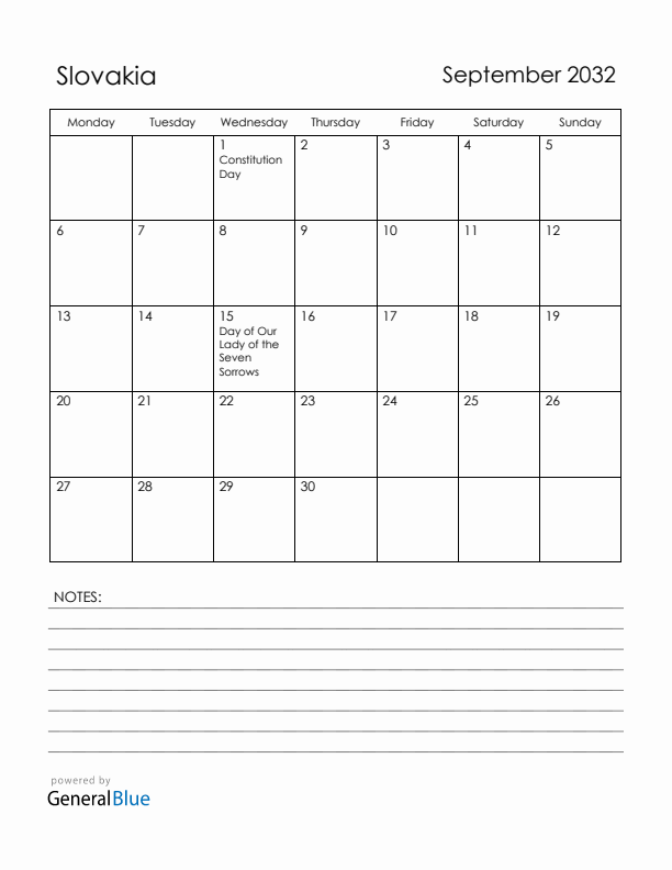 September 2032 Slovakia Calendar with Holidays (Monday Start)
