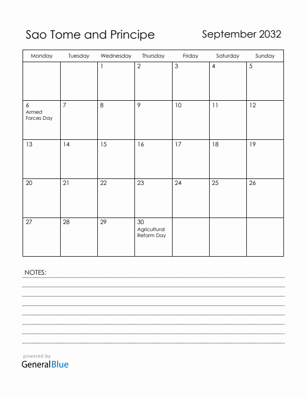 September 2032 Sao Tome and Principe Calendar with Holidays (Monday Start)