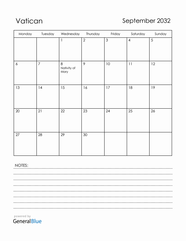 September 2032 Vatican Calendar with Holidays (Monday Start)