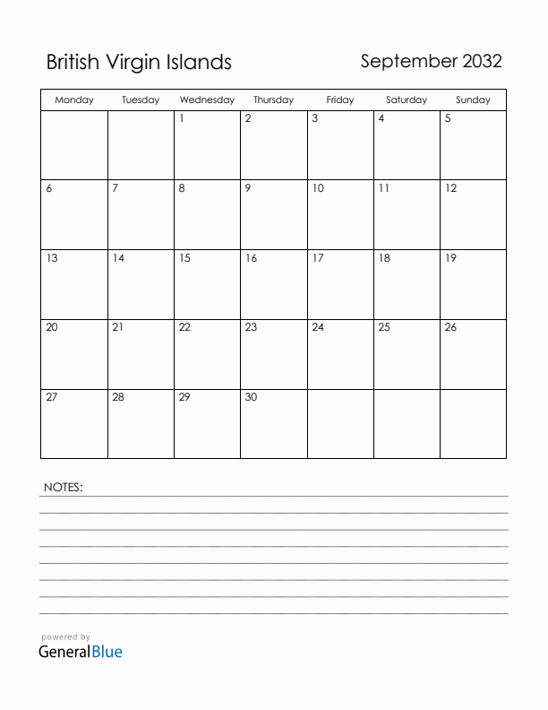 September 2032 British Virgin Islands Calendar with Holidays (Monday Start)
