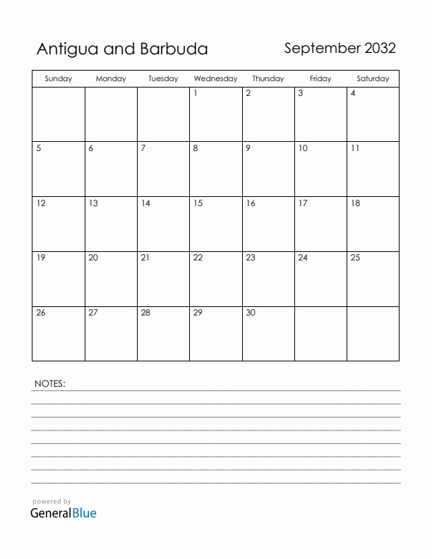 September 2032 Antigua and Barbuda Calendar with Holidays (Sunday Start)