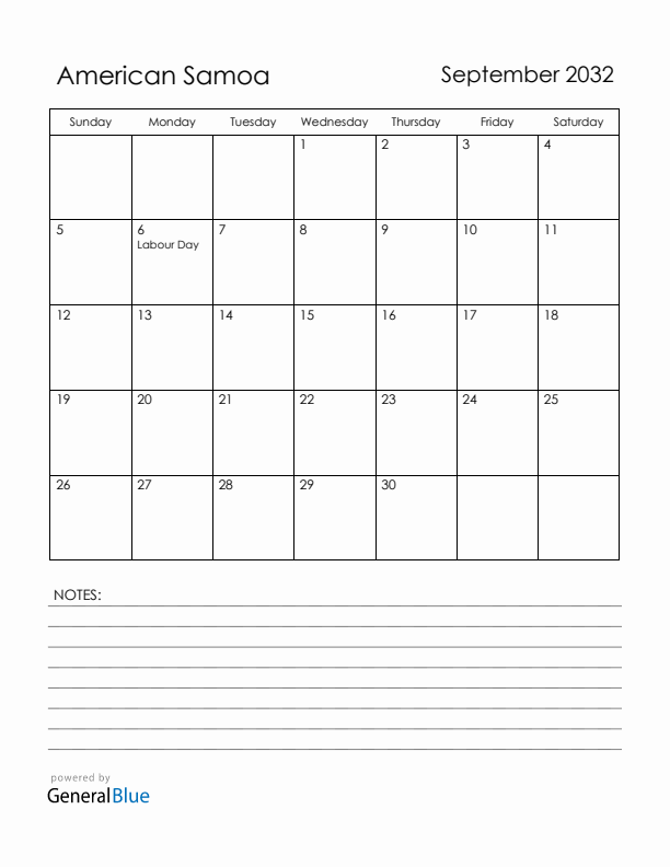 September 2032 American Samoa Calendar with Holidays (Sunday Start)