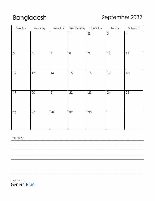 September 2032 Bangladesh Calendar with Holidays (Sunday Start)