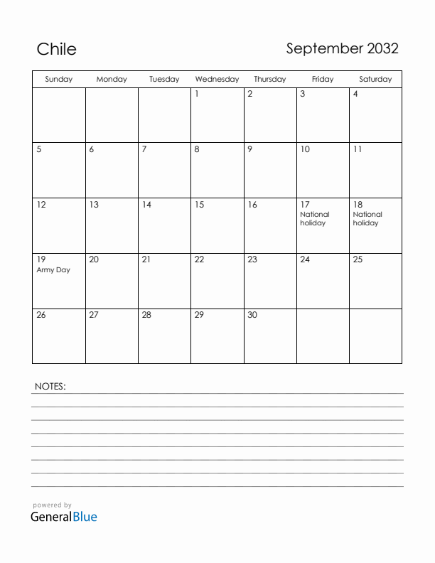 September 2032 Chile Calendar with Holidays (Sunday Start)