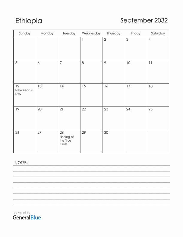 September 2032 Ethiopia Calendar with Holidays (Sunday Start)