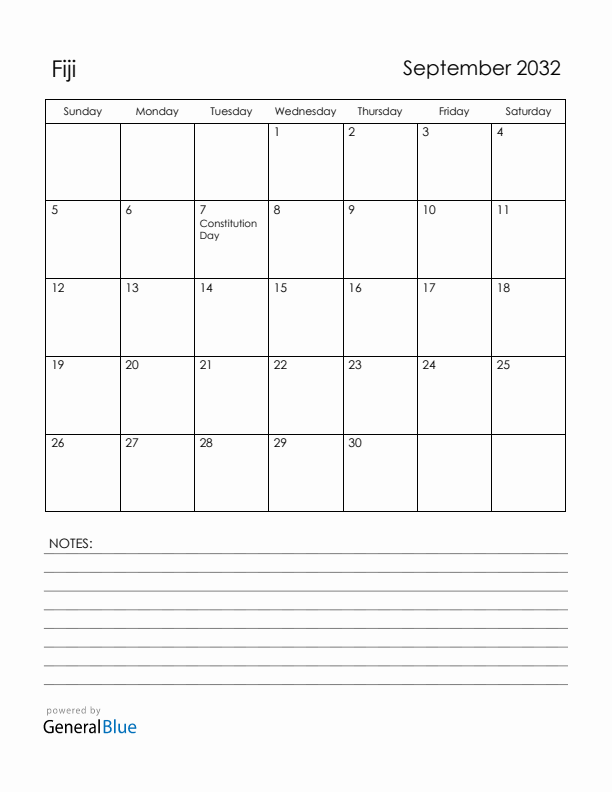 September 2032 Fiji Calendar with Holidays (Sunday Start)