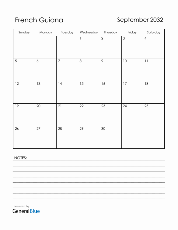 September 2032 French Guiana Calendar with Holidays (Sunday Start)