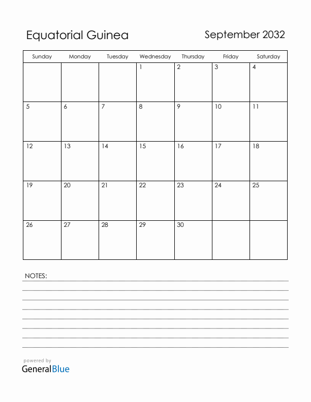 September 2032 Equatorial Guinea Calendar with Holidays (Sunday Start)
