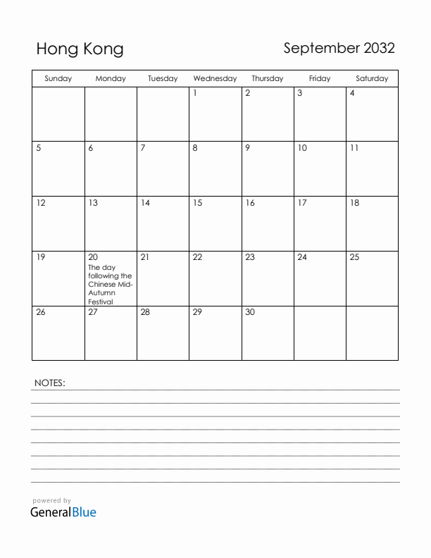 September 2032 Hong Kong Calendar with Holidays (Sunday Start)