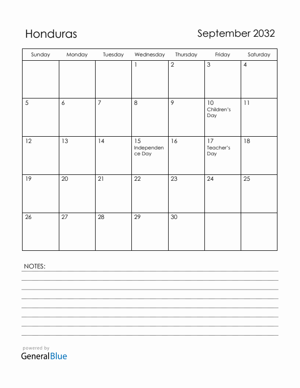 September 2032 Honduras Calendar with Holidays (Sunday Start)