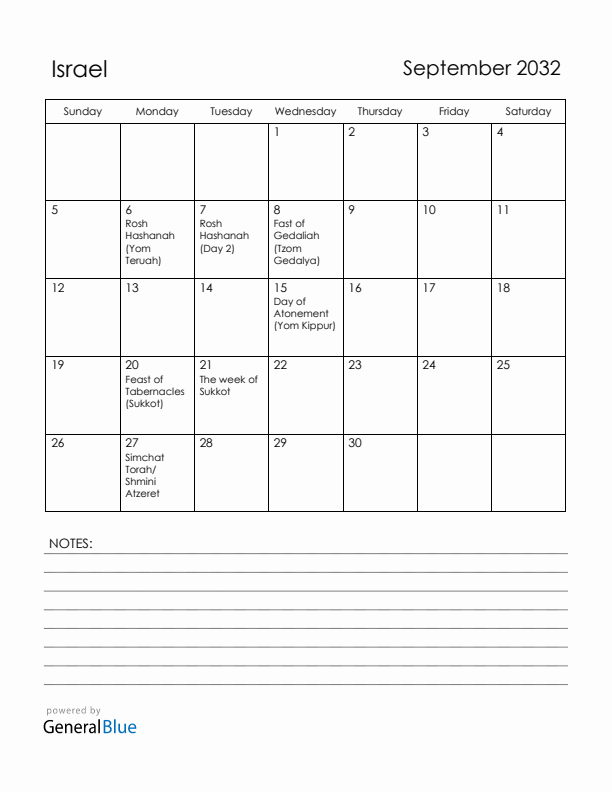 September 2032 Israel Calendar with Holidays (Sunday Start)