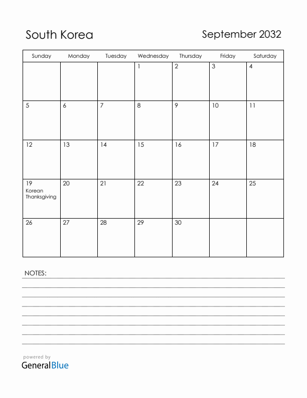 September 2032 South Korea Calendar with Holidays (Sunday Start)