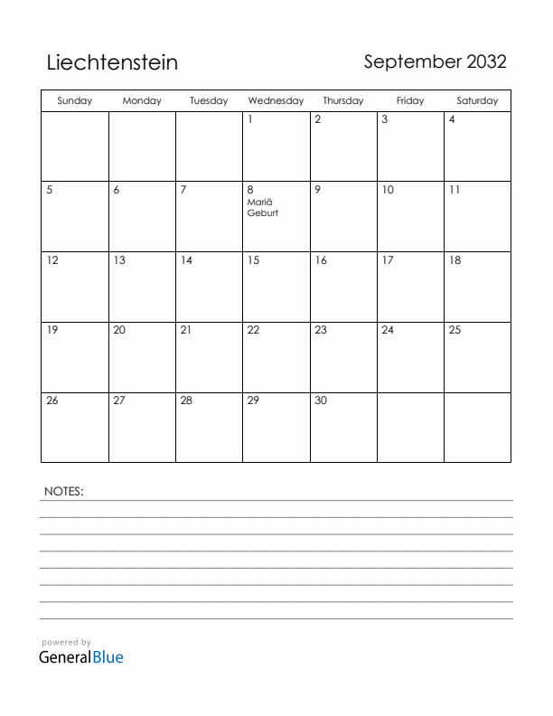 September 2032 Liechtenstein Calendar with Holidays (Sunday Start)