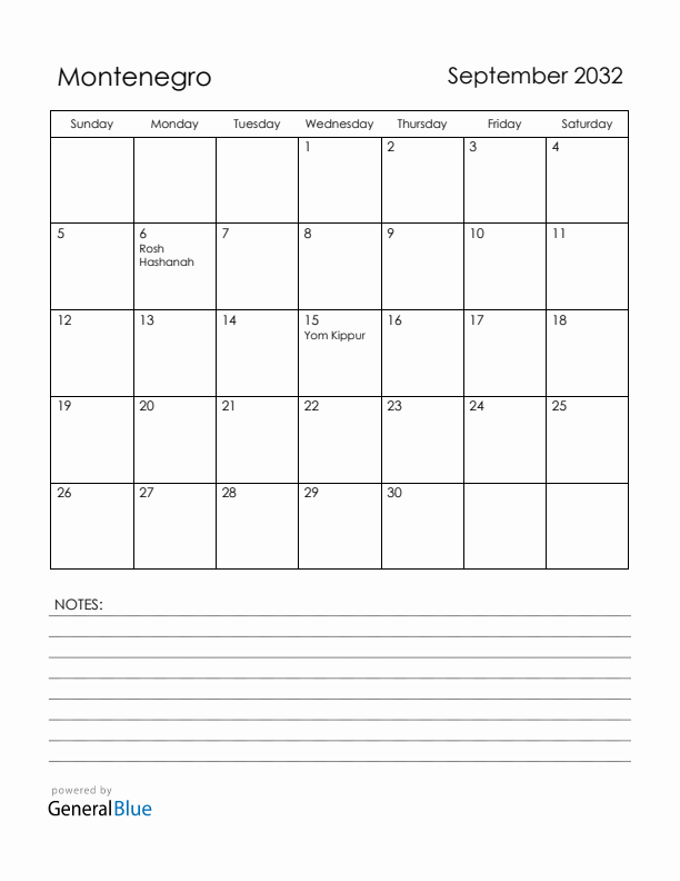 September 2032 Montenegro Calendar with Holidays (Sunday Start)