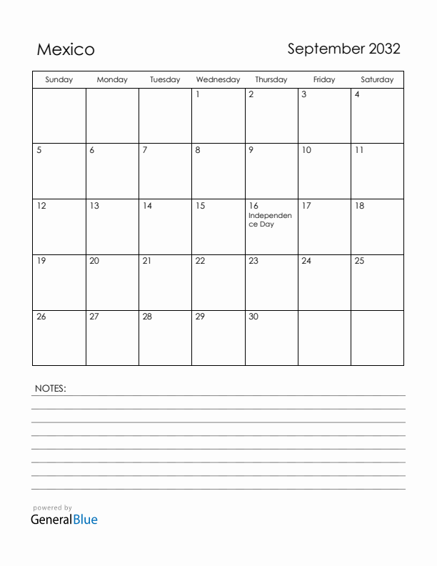 September 2032 Mexico Calendar with Holidays (Sunday Start)