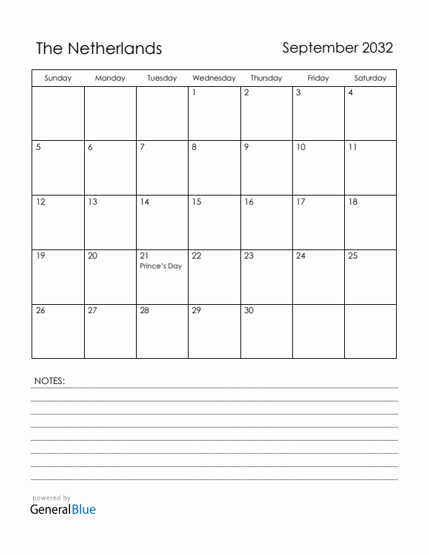 September 2032 The Netherlands Calendar with Holidays (Sunday Start)