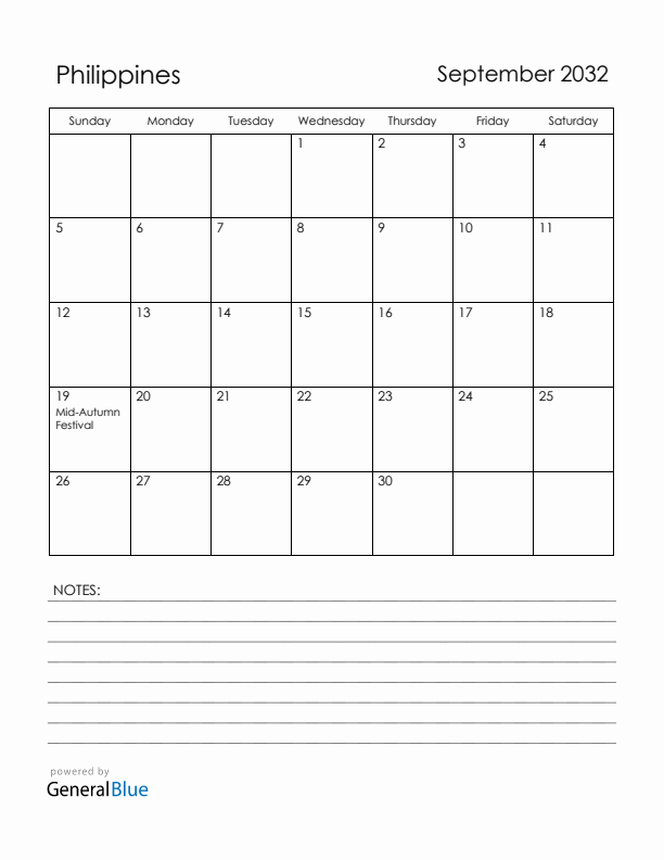 September 2032 Philippines Calendar with Holidays (Sunday Start)