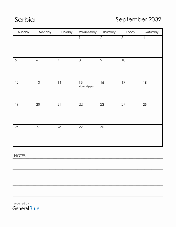 September 2032 Serbia Calendar with Holidays (Sunday Start)
