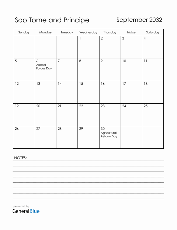 September 2032 Sao Tome and Principe Calendar with Holidays (Sunday Start)